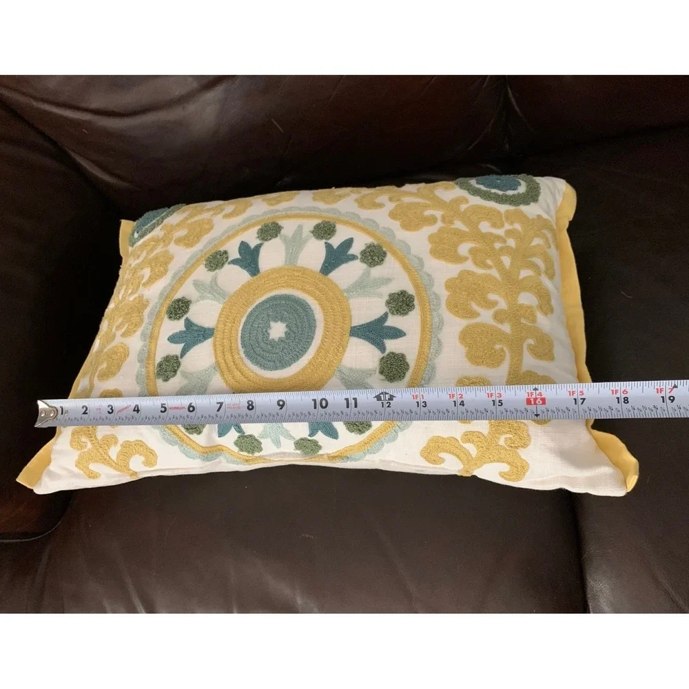Boho Linen Cotton Embroidered Lumbar Pillow Mandala Medallion Retro Cream Gold